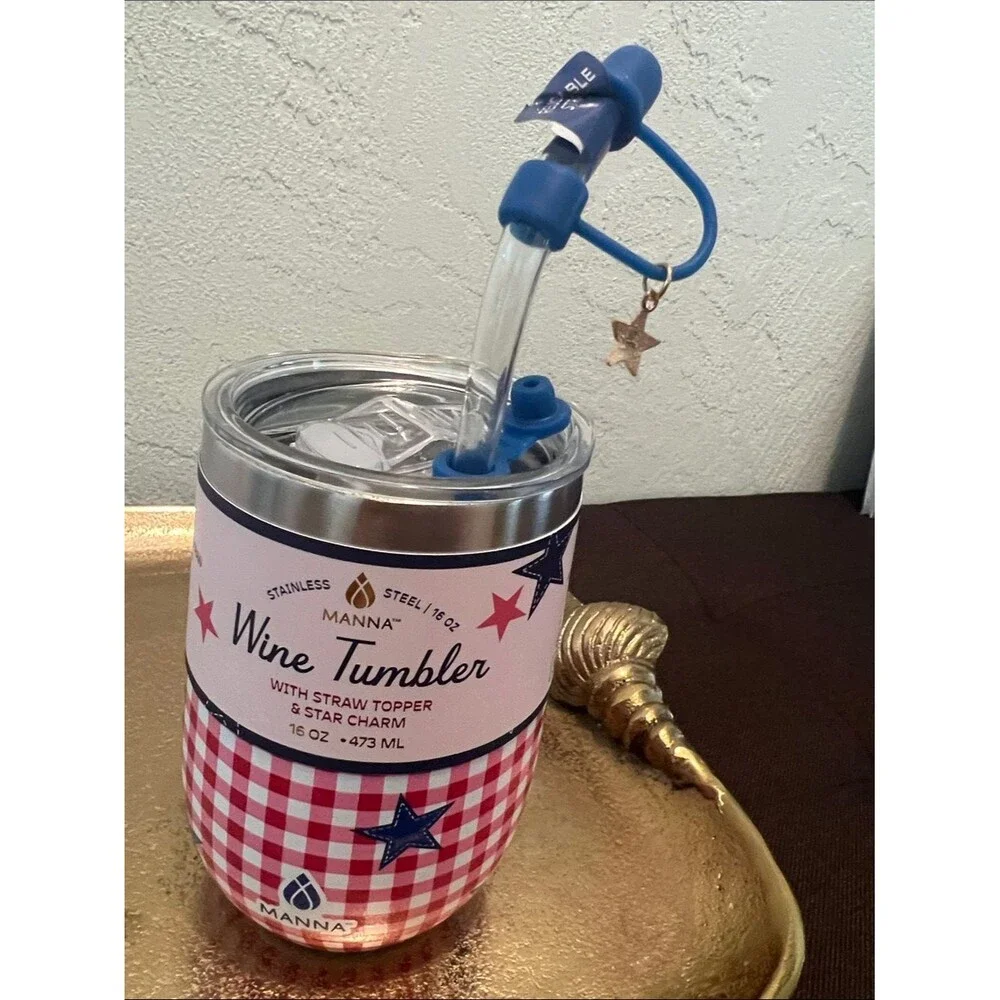 #2238*”4x6”Manna Wine Tumbler W/ Straw Topper - Blue & Red Gingham Stars